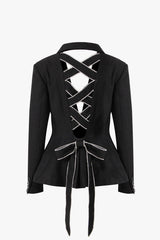 Sparkly Rhinestone Cross Cutout Bow Tie Strong Shoulder Cinch Waist Blazer