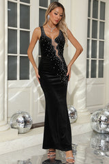 Sparkly Rhinestone Deep V Sheer Mesh Velvet Sleeveless Evening Maxi Dress