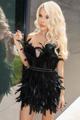 Sparkly Rhinestone Deep V Strapless Prom Party Feather Mini Dress - Black