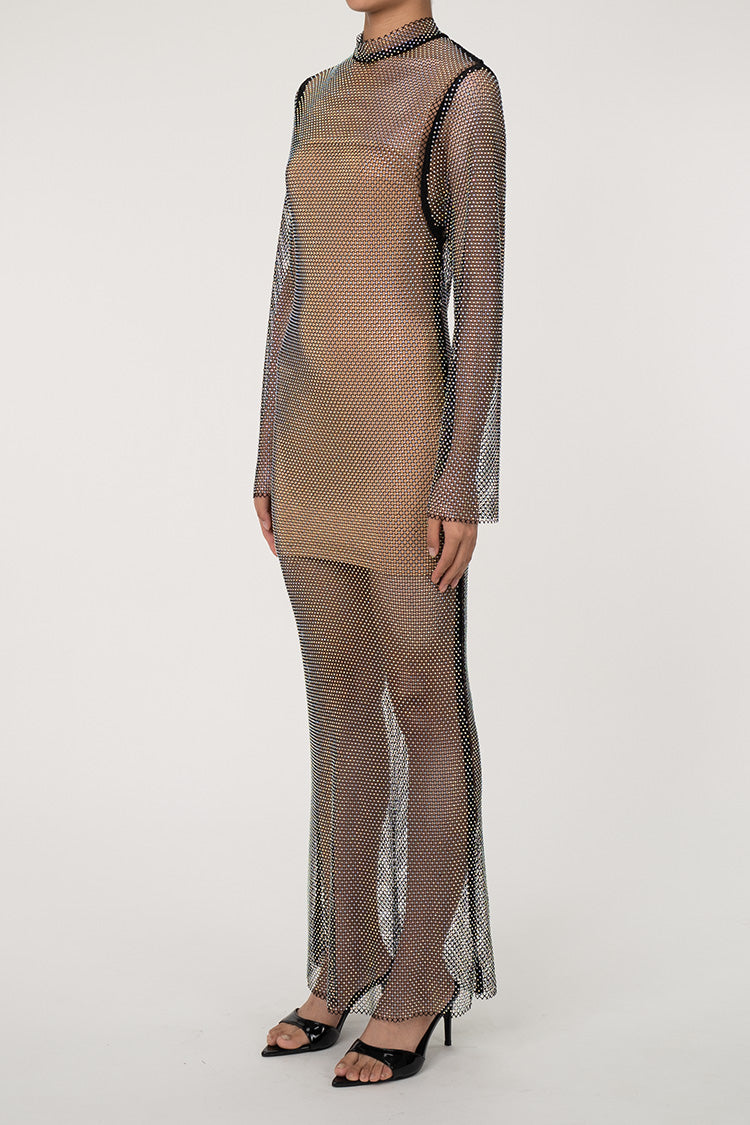 Sparkly Rhinestone Fishnet Mock Neck Long Sleeve Sheer Maxi Dress