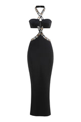 Sparkly Rhinestone Halter Cutout Bra Split Sheath Jersey Evening Maxi Dress