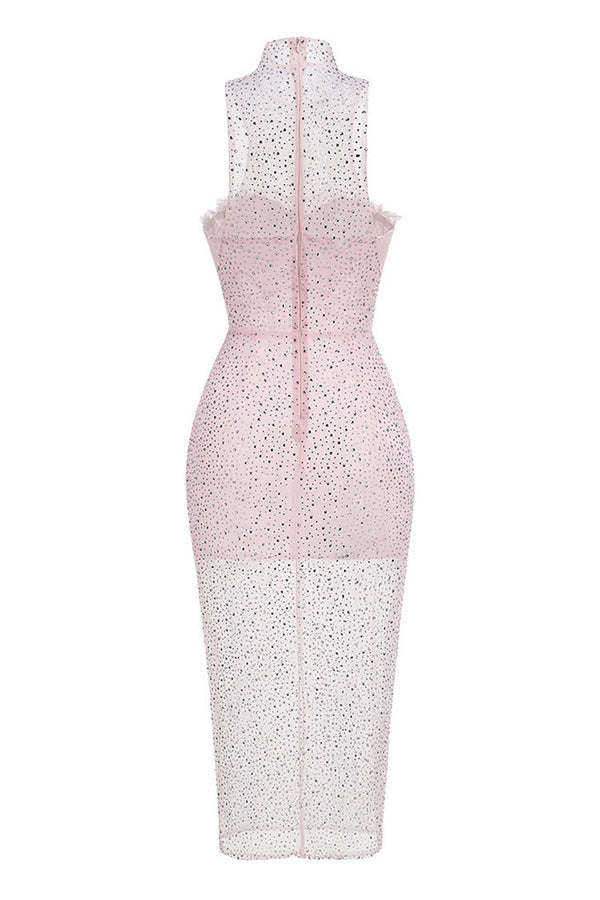 Sparkly Rhinestone Illusion Neck Lace Bra Bodycon Sheer Mesh Midi Dress