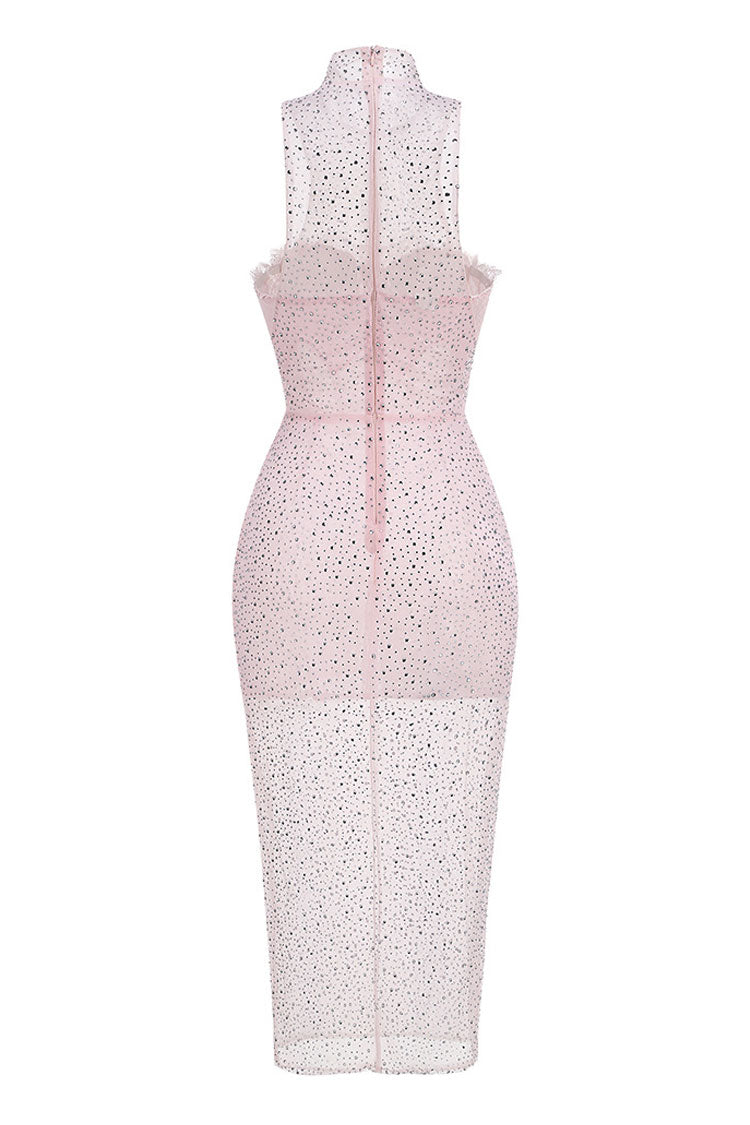 Sparkly Rhinestone Illusion Neck Lace Bra Bodycon Sheer Mesh Midi Dress