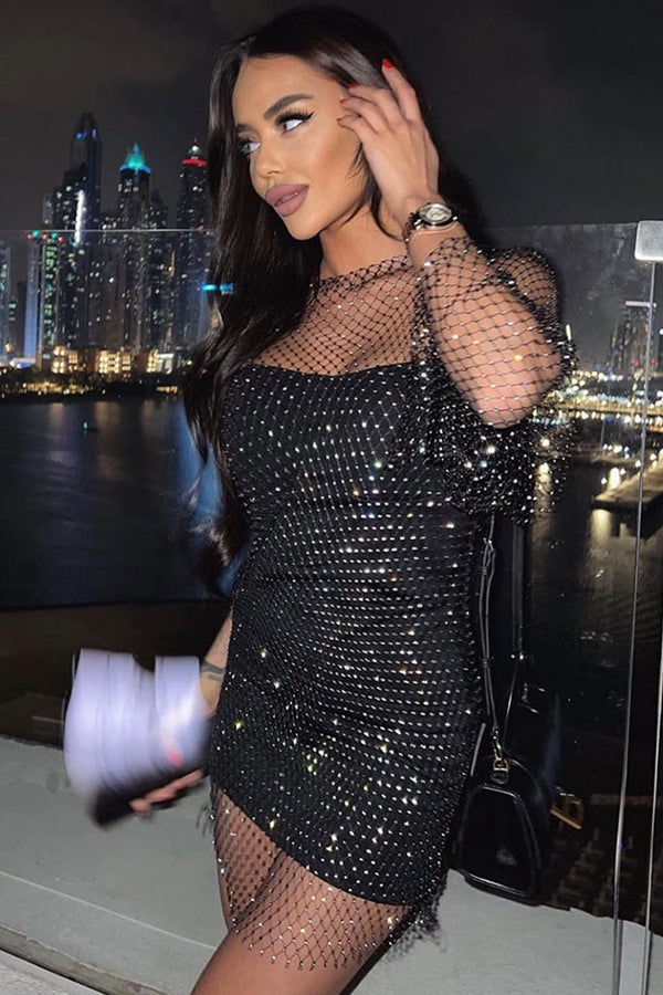 Women Fishnet Bodycon Mini Dress Hollow Out Lingerie See-Through Long Sleeve