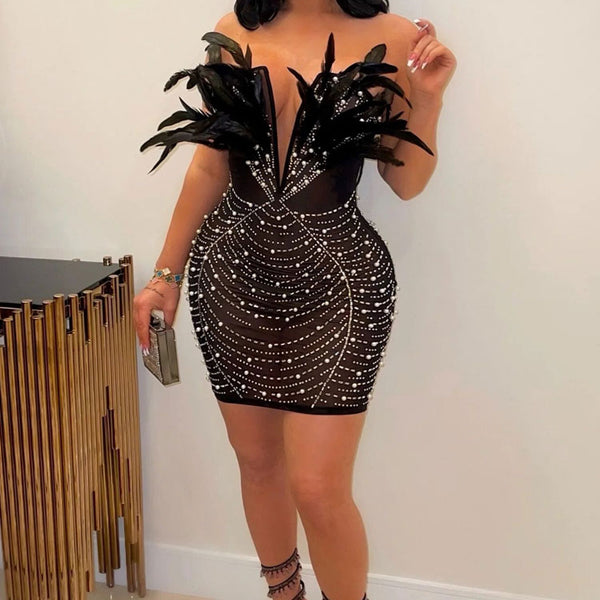 Deep v feather detail bodycon mini dress best sale