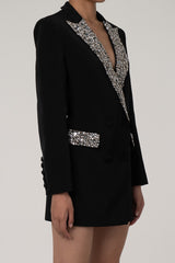 Sparkly Rhinestone Notch Lapel Double Breasted Cinched Waist Long Blazer