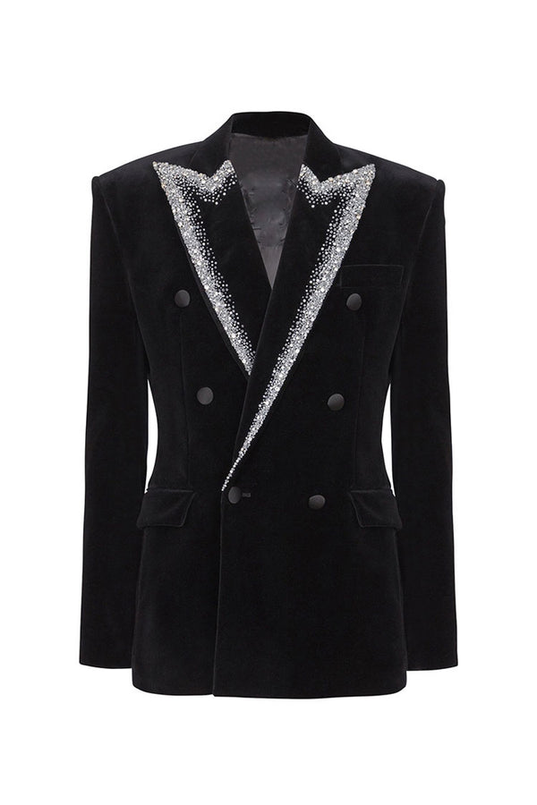 Sparkly Rhinestone Peak Lapel Strong Shoulder Long Sleeve Double Breasted Velvet Tailored Blazer