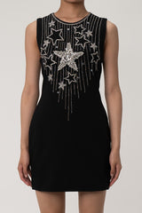 Sparkly Rhinestone Star embroidered Sleeveless Bodycon Party Mini Dress