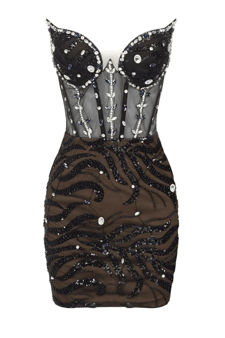 Sparkly Rhinestone Strapless Ruched Sequin Mesh Corset Party Mini Dres –  Rosedress