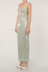 Sparkly Scoop Neck Cutout Spaghetti Strap Split Sequin Evening Maxi Dress