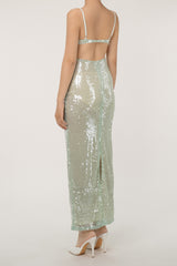 Sparkly Scoop Neck Cutout Spaghetti Strap Split Sequin Evening Maxi Dress