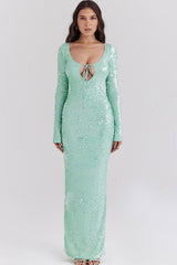 Sparkly Sequin Bow Tie Cutout Long Sleeve Mermaid Evening Maxi Dress