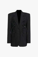 Sparkly Sequin Butterfly Lapel Strong Shoulder One Button Oversized Blazer