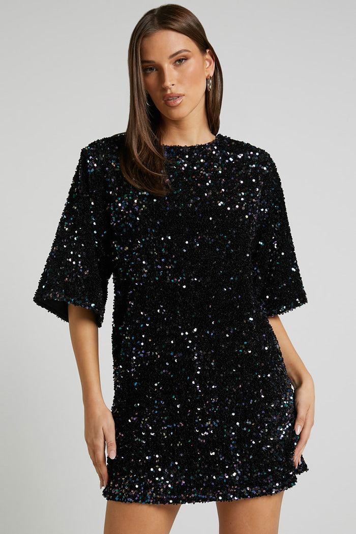 Sparkly Sequin Crew Neck Short Sleeve Oversized Velvet Party Mini Dress -  Black