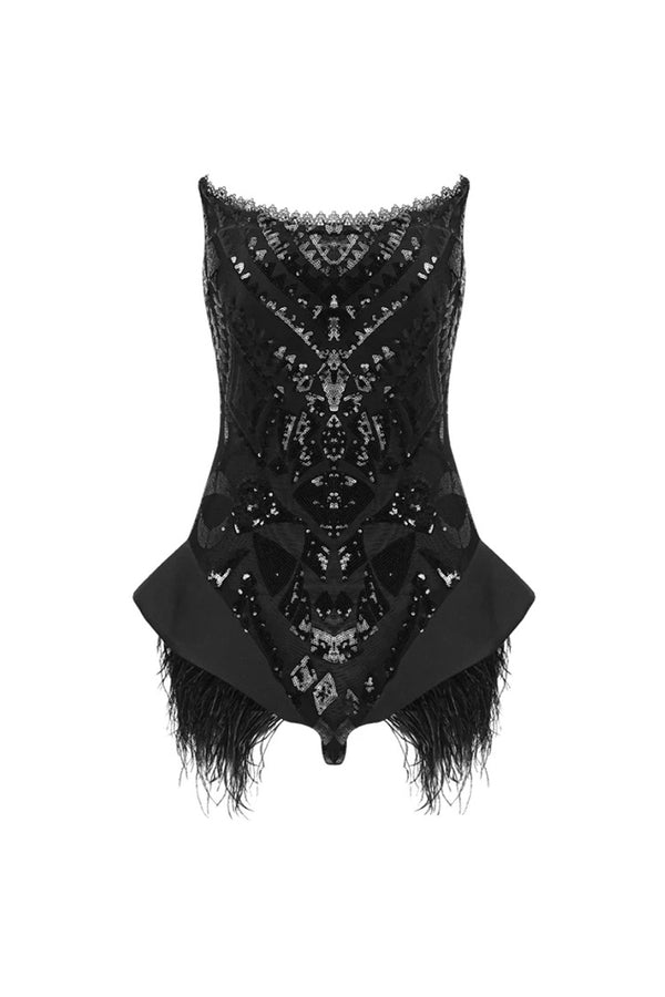 Sparkly Sequin Embroidered Lace Strapless Feather Trim Peplum Bodysuit