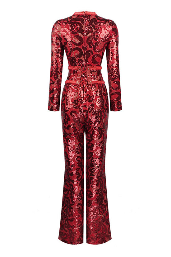 Sparkly Sequin Floral Round Neck Long Sleeve Belted Flare Lace Jumpsuit