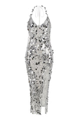 Sparkly Sequin Halter Rhinestone Fringe High Split Cocktail Party Midi Dress