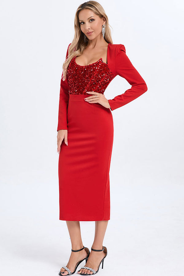 Sparkly Sequin Padded Long Sleeve Bodycon Croset Cocktail Party Midi Dress