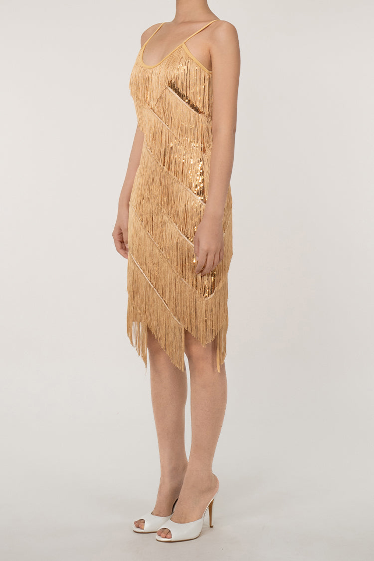 Sparkly Sequin Plunge Spaghetti Strap Tiered Fringe Mini Flapper Dress