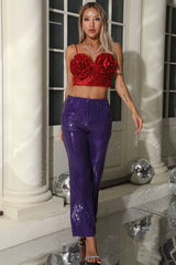 Sparkly Sequin Rosette Crop Top High Rise Zip Up Two Piece Party Pant Set