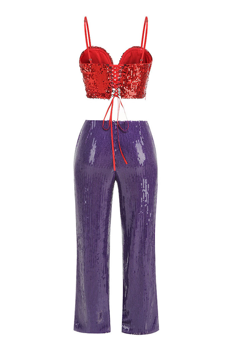 Sparkly Sequin Rosette Crop Top High Rise Zip Up Two Piece Party Pant Set