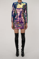 Sparkly Sequin Round Neck Long Sleeve Ruched Bodycon Party Mini Dress