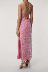 Sparkly Sequin Spaghetti Strap Lace Up Crinkled Velvet Split Gown Maxi Dress