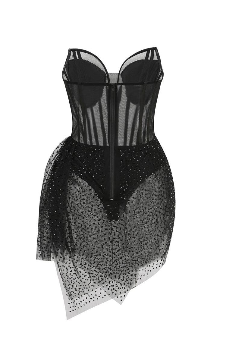 Sparkly Sequin Sweetheart Bustier Sheer Mesh Corset Rhinestone Club Mini Dress