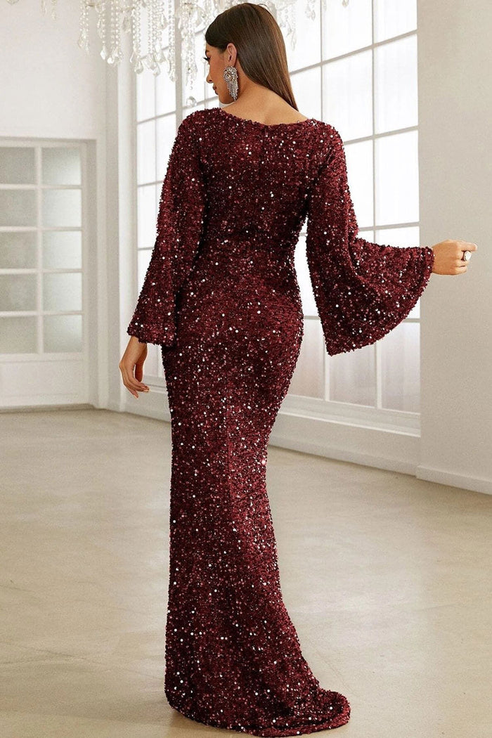 Sparkly Sequin V Neck Bell Sleeve Fishtail Evening Maxi Dress Burgun Rosedress