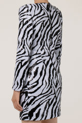 Sparkly Sequin Zebra Pattern Padded Long Sleeve Bodycon Party Mini Dress