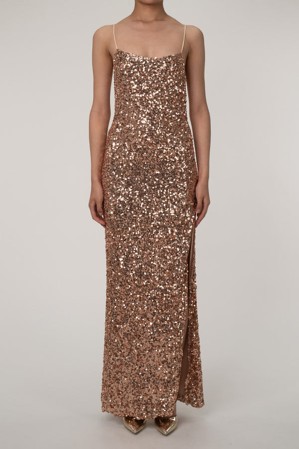 Sparkly Spaghetti Strap High Slit Sequin Maxi Dress - Bronze Gold –  Rosedress