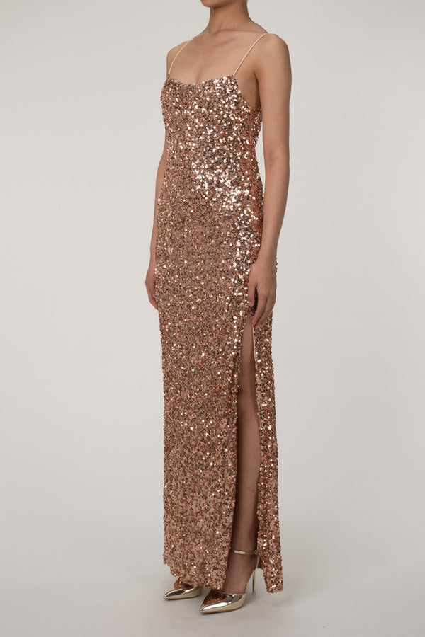 Sparkly Spaghetti Strap High Slit Sequin Maxi Dress - Bronze Gold