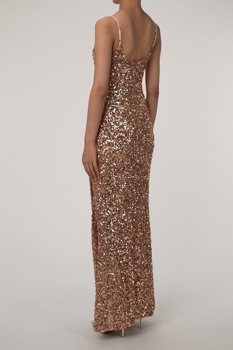 Sparkly Spaghetti Strap High Slit Sequin Maxi Dress - Bronze Gold