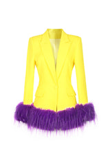 Spectacular Lapel Shoulder Pad Cinched Waist Contrast Faux Fur Party Blazer