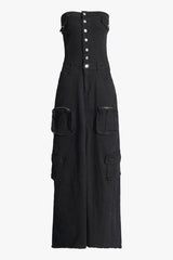 Street Style Strapless Button Up Cargo Pocket Front Split Denim Maxi Dress