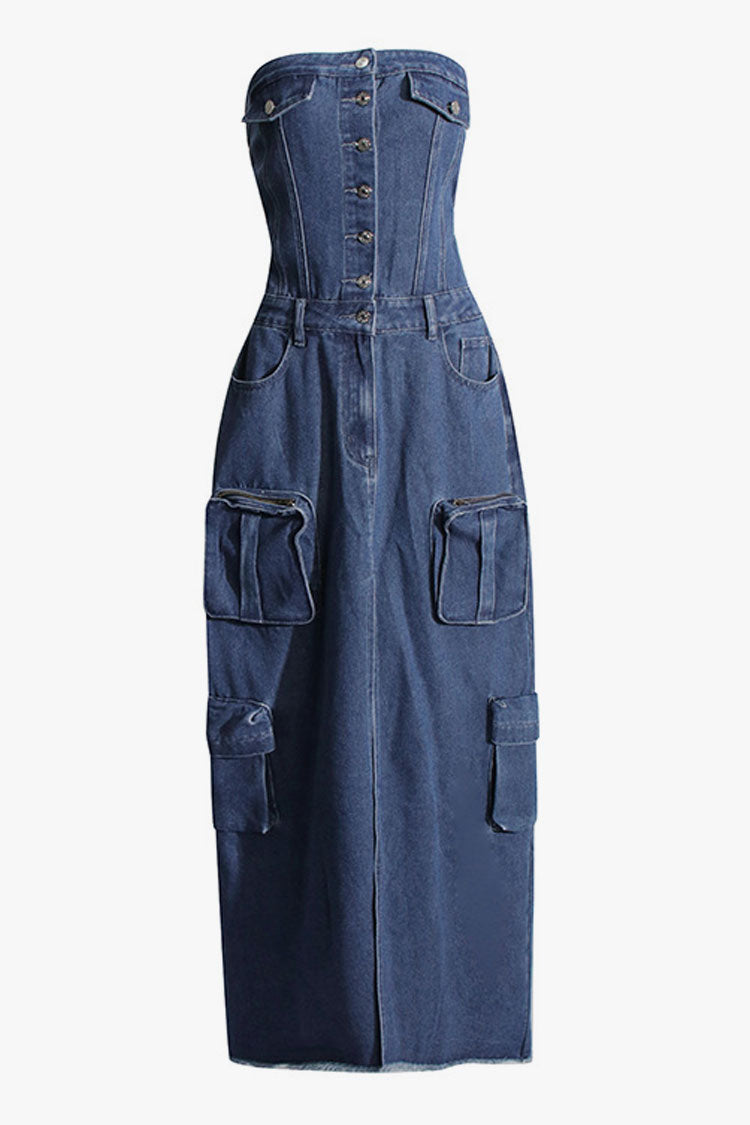 Street Style Strapless Button Up Cargo Pocket Front Split Denim Maxi Dress