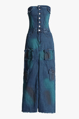 Street Style Strapless Button Up Cargo Pocket Front Split Denim Maxi Dress