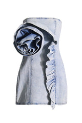 Striking Big Rosette Ruffled Trim Strapless Bodycon Mini Denim Dress