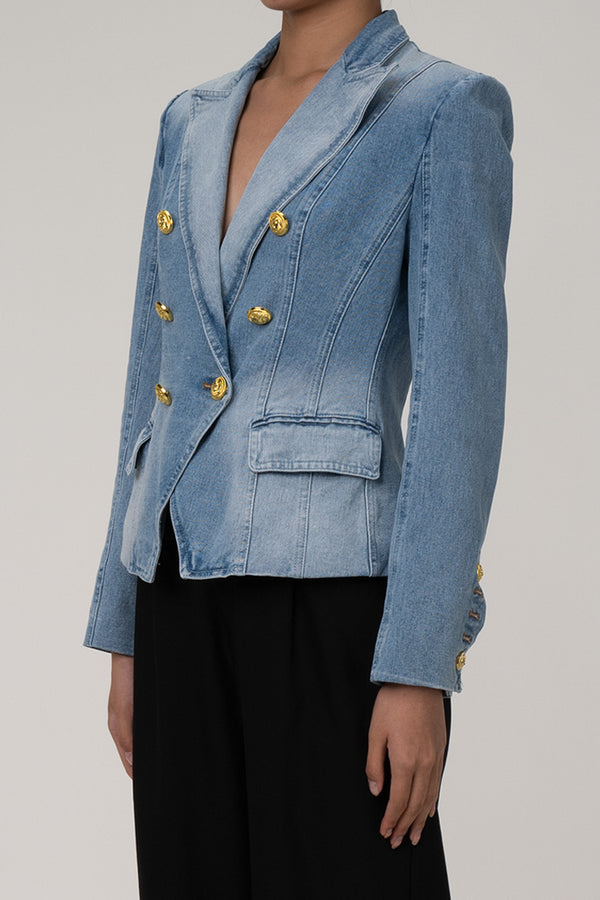 Structural Shoulder Pad Lapel Double Breasted Cinch Waist Faded Denim Blazer