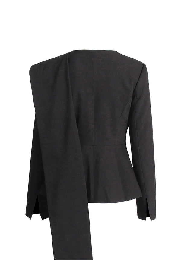 Stylish Crew Neck Draped Scarf Long Sleeve Cinch Waist Peplum Blazer