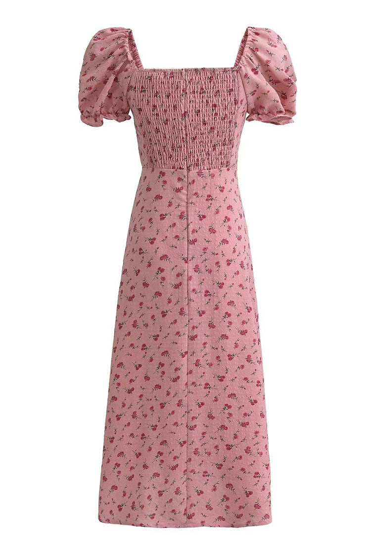 Sweet Bow Tie Square Neck Puff Sleeve Cotton Seersucker Floral Midi Dress