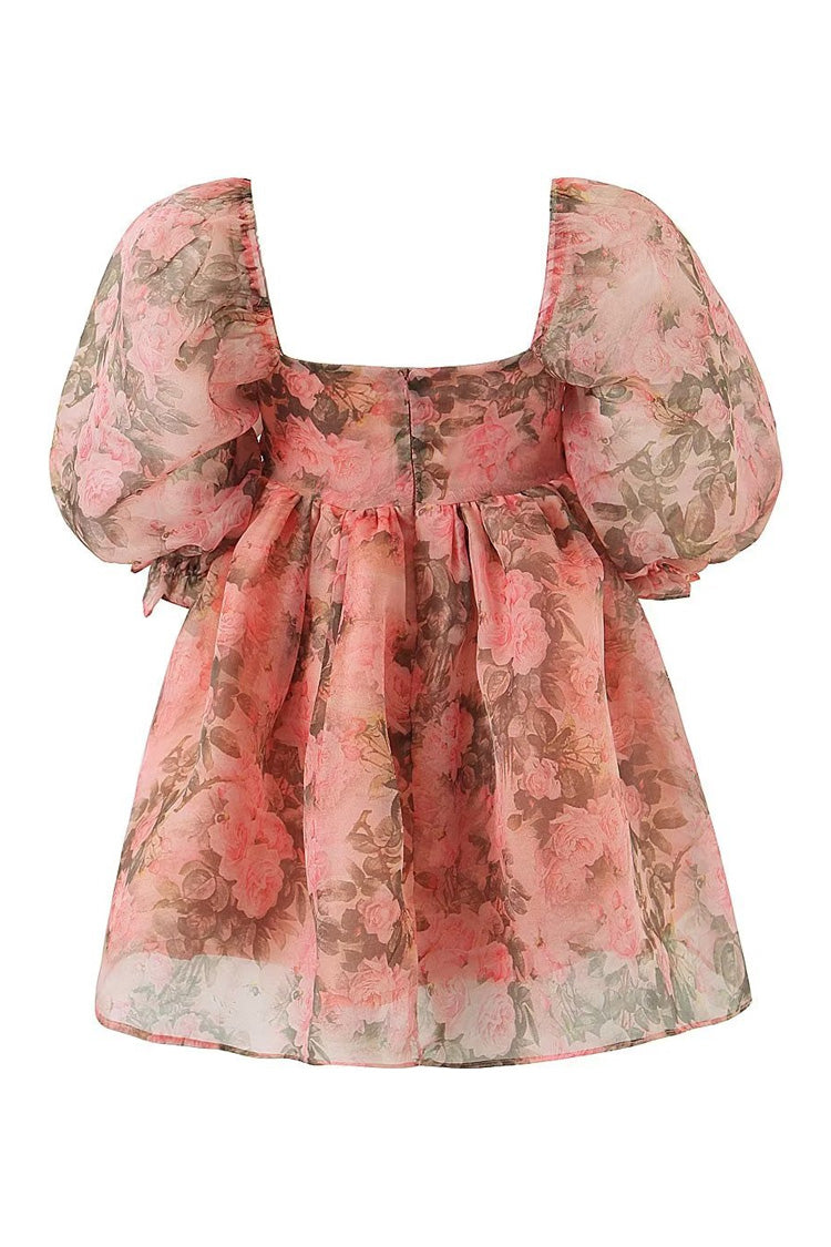 Sweet Printed Square Neck Puff Sleeve Organza Micro Mini Babydoll Dress