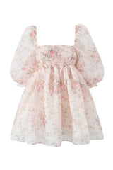 Sweet Printed Square Neck Puff Sleeve Organza Micro Mini Babydoll Dress