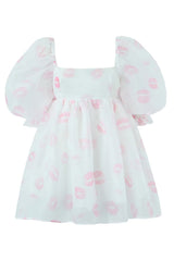 Sweet Printed Square Neck Puff Sleeve Organza Micro Mini Babydoll Dress