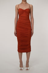 Sweetheart Neck Ruched Midi Cocktail Party Dress - Rust