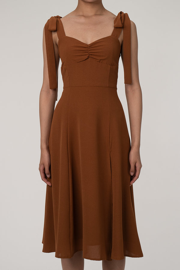 Tie Strap Fit & Flare High Slit Slip Midi Dress - Chocolate