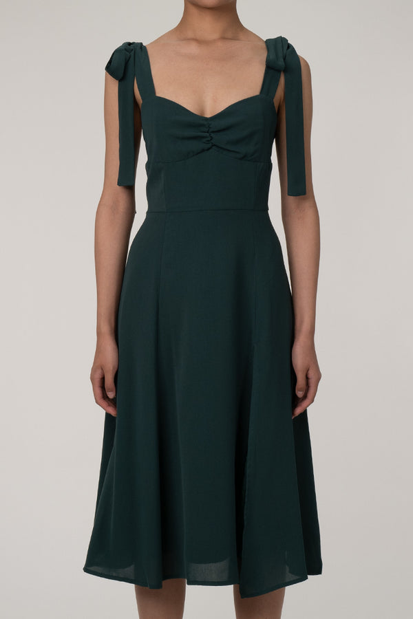 Tie Strap Fit & Flare High Slit Slip Midi Dress - Emerald Green