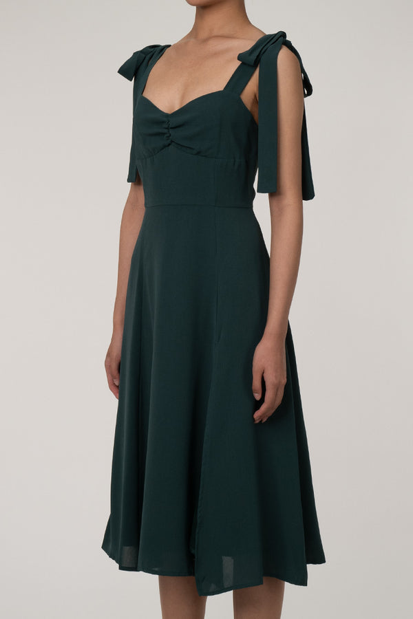 Tie Strap Fit & Flare High Slit Slip Midi Dress - Emerald Green