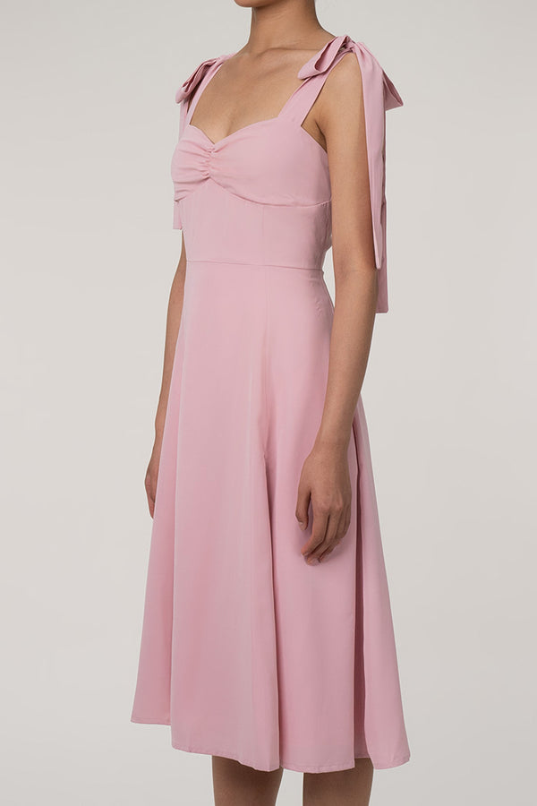 Tie Strap Fit & Flare High Slit Slip Midi Dress - Pink