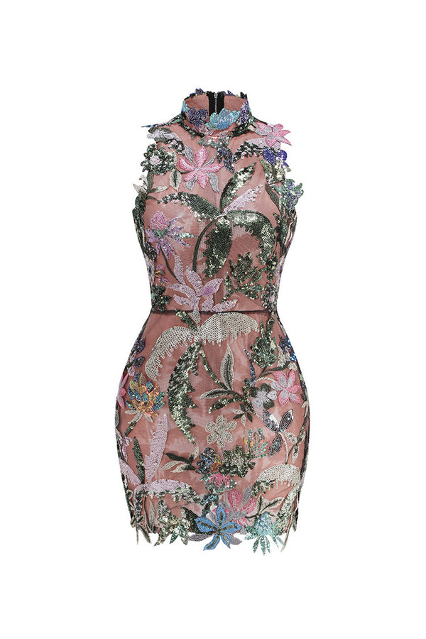 Tropical Floral Embroidered High Neck Sleeveless Sequin Sheer Mesh Mini Dress